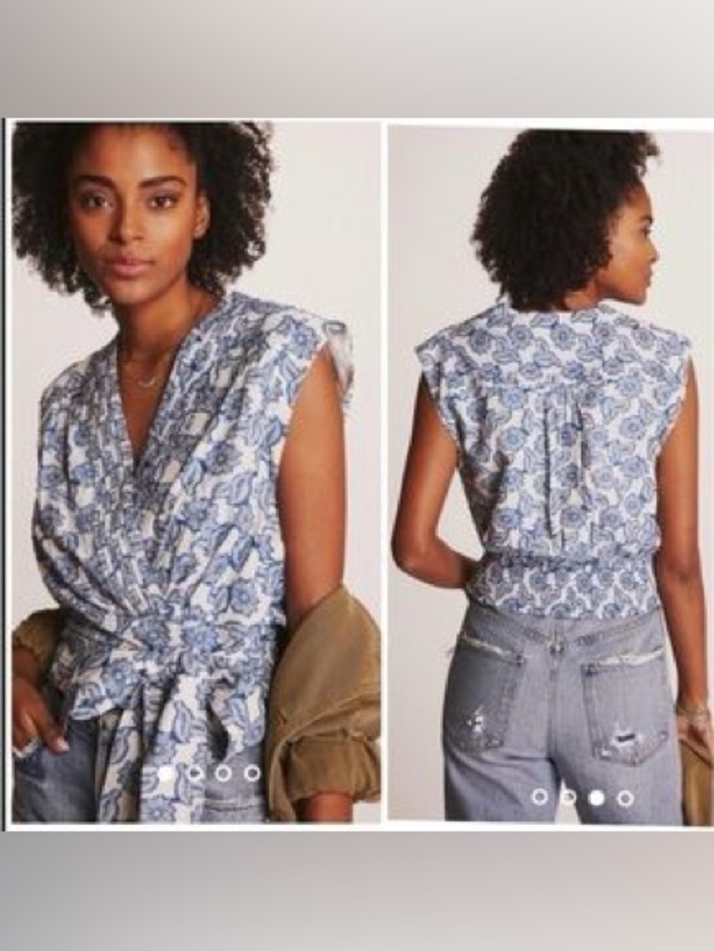 Anthropologie Sleeveless Wrap Blouse Blue White Floral Tie Waist Top XS